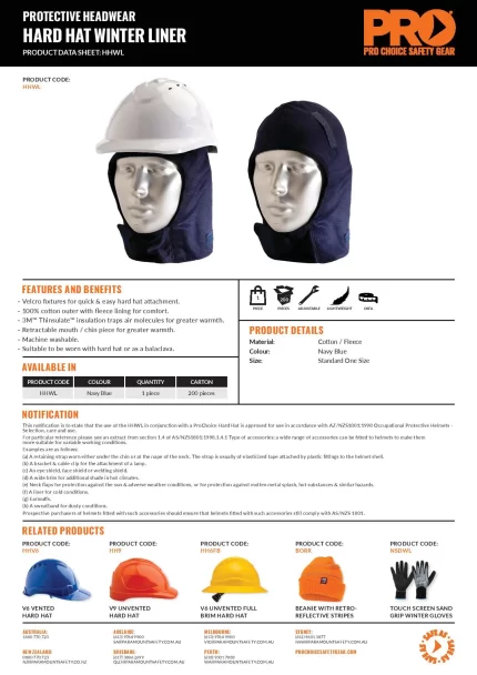 Pro Choice HHWL Hard Hat Winter Liner sold by Ideal Workwear at www.Idealworkwear.com.au