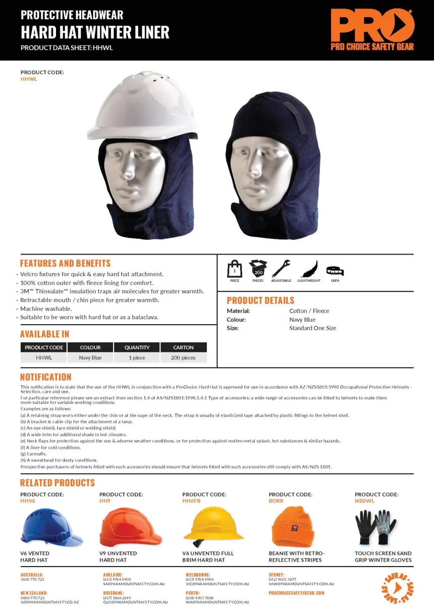 Pro Choice HHWL Hard Hat Winter Liner sold by Ideal Workwear at www.Idealworkwear.com.au
