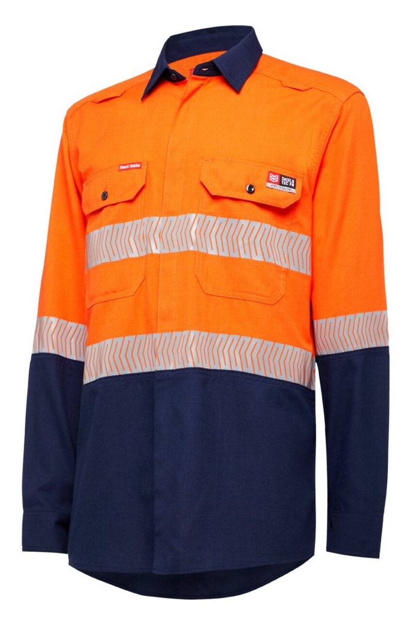 KingGee Shieldtec Lenzing FR Hi-Visibility Two Tone Long Sleeve Open Front Shirt With Tape - Y04370 - KingGee sold by Ideal Workwear www.kingworkwear.com.au